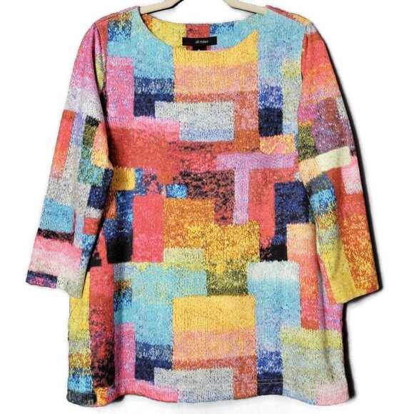 Ali Miles Colorful Artsy Abstract 3/4 Sleeves Pullover Lagenlook Tunic Top M - Picture 1 of 10